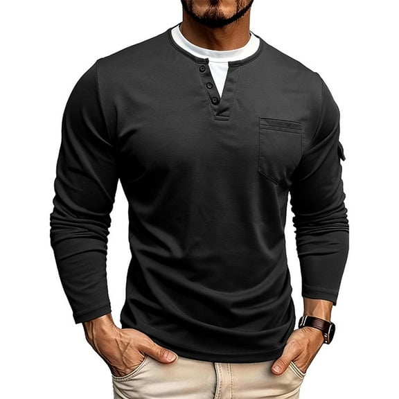Fengqque Mens Long Sleeved Round Neck Fake Two Double Layered Pullover Sweater Casual Button Shirt Black S(S)