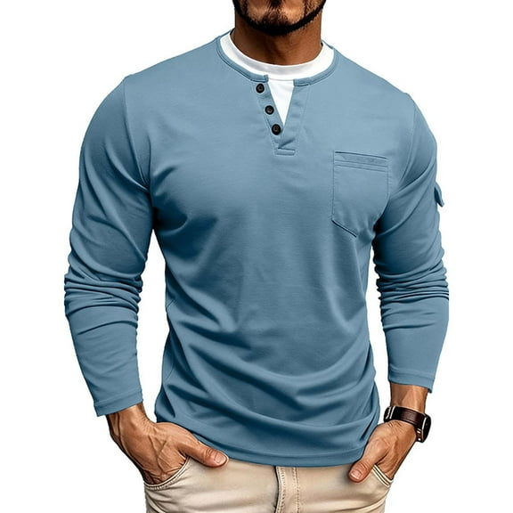 Fengqque Mens Long Sleeved Round Neck Fake Two Double Layered Pullover Sweater Casual Button Shirt Light Blue M(M)