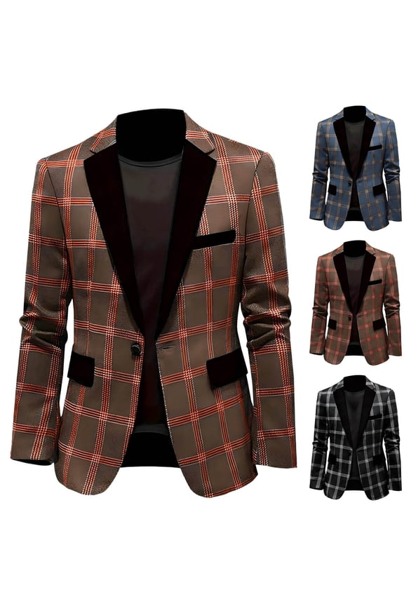 Mens Long Sleeved V-neck Plaid Suit Slim Fit Casual Tuxedo Suit formal Blazer for Wedding Business Party Brown XL(XL)