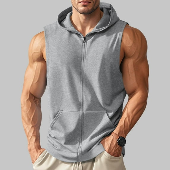 Fengqque Mens Loose Sleeveless Hoodie Lightweight Zip Up Hooded Sweatshirt Vest Hoodie with Pockets Gray L(L)