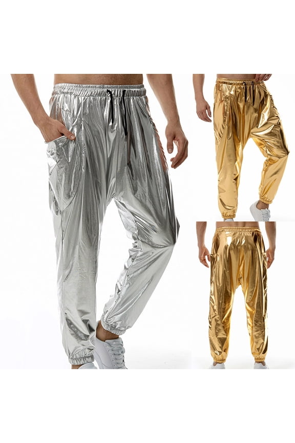 Mens Metallic Disco Pants - 70s/80s Sequin Drawstring Waist Party Club Rave Shiny Jogger Silver 10(XL)
