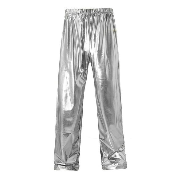 Fengqque Mens Metallic Shiny Disco Pants Party Dance Straight Leg Trousers 70s/80s Festival Rave Cosplay Pants Silver XXL(XXL)