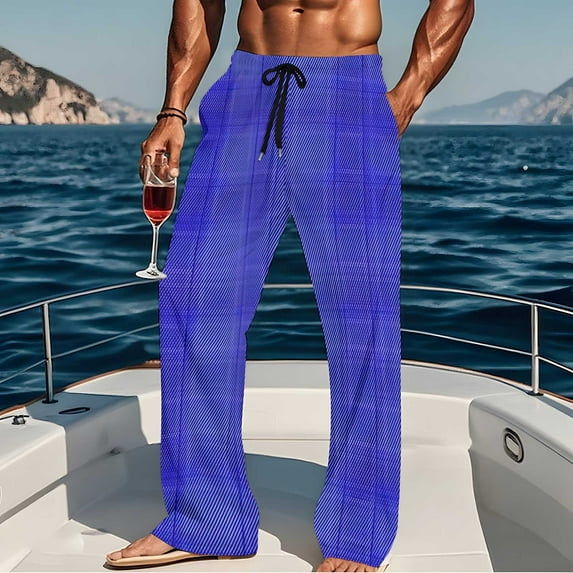 Fengqque Mens Pajamas Pants Plaid Soft Casual Comfortable Wide Leg Pants Stretchy Drawstring pjs with pockets Blue L(L)
