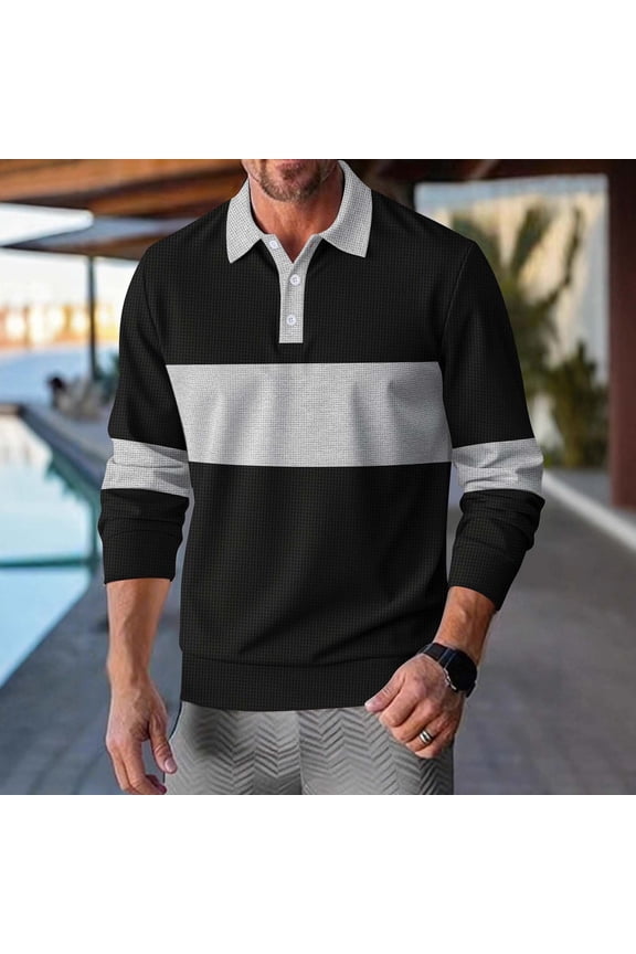 Mens Polo Long Sleeve Shirt Classic Quarter Button Basic Color Blocking Designed Lapel Polo Shirt Fashion Casual Shirts Black L(L)