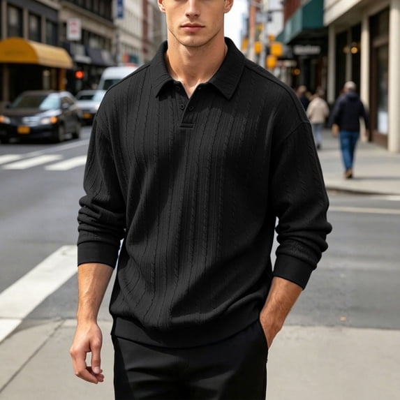 Fengqque Mens Polo Shirt Short Sleeve Textured Jacquard Open Collar Summer Casual Beach Stretchy Golf Shirts Black L