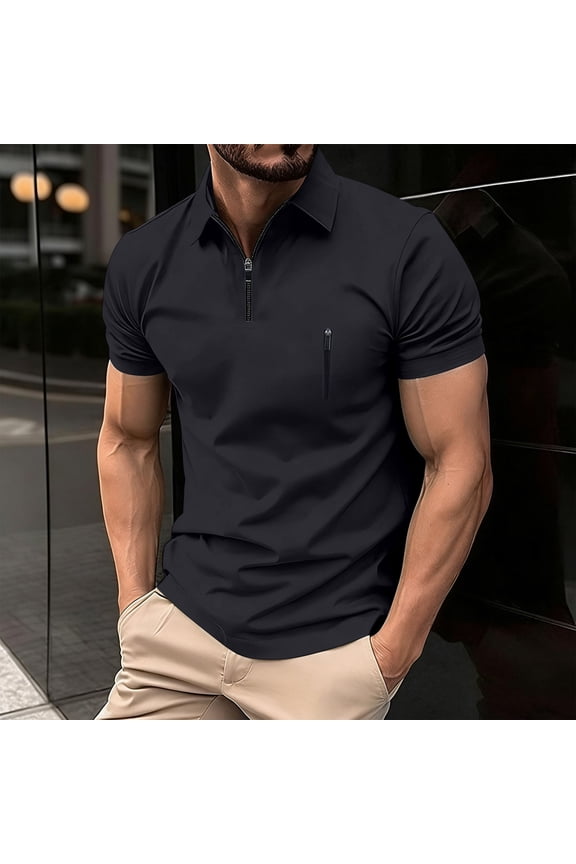 Mens Polo Shirts Quarter Zip Shirts Casual Classic Lightweight Short Sleeve Lapel Shirt with Pocket Black M(M)