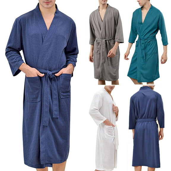 Fengqque Mens Robes Lightweight Bathrobe Long Sleeve Kimono Robe V Neck Spa Sleepwear with Pockets White 6(XL)