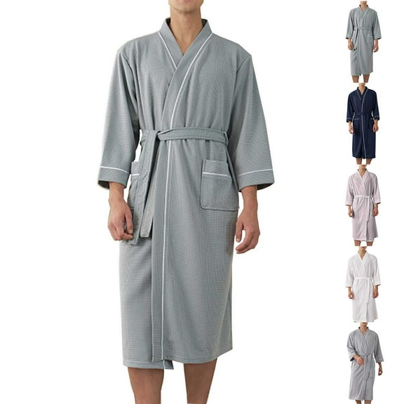Fengqque Mens Robes Waffle Lightweight Bathrobe Long Sleeve Kimono Robe V Neck Spa Knee Length Sleepwear with Pockets White XL(XL)