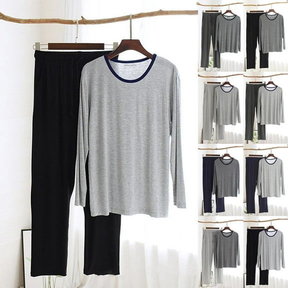 Fengqque Mens Round Neck Pajama Set Pjs Sleepwear Lightweight Long Sleeve Pants Pjs Soft Comfy Sleep Set Navy XL(XL)