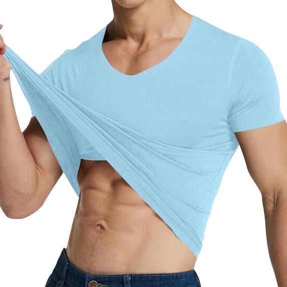 Fengqque Mens Solid Color V Neck T Shirt Pullover Fitted Gym Workout Short Sleeve Bodybuilding Tee Light Blue M(M)