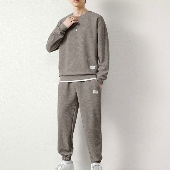 Fengqque Mens Sweatsuits Long Sleeve Round Neck Pullover Sweatsuit Outfits Casual Jogger Suits Sets Coffee L(L)
