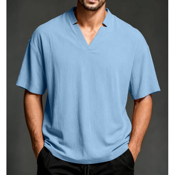 Fengqque Mens T Shirts Short Sleeve V Neck Shirt Basic Summer Solid Color Plus Size Beach Tee Tops Light Blue L(L)