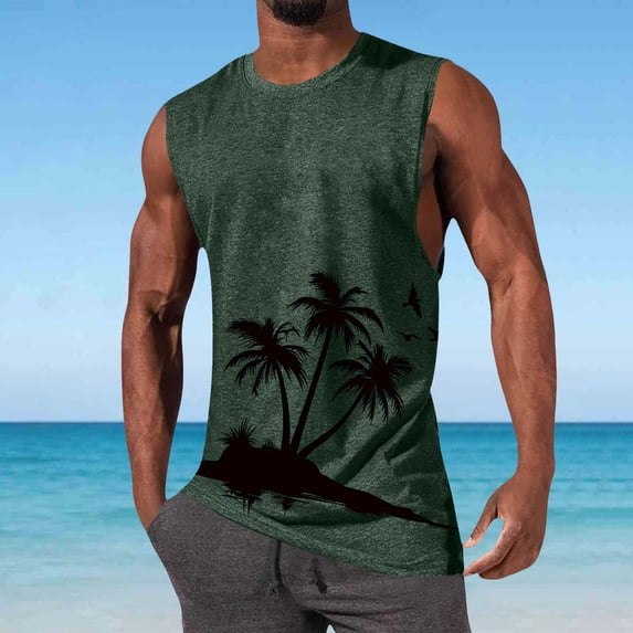 Fengqque Mens Tank Tops Beach Summer Sleeveless Shirts Graphic Palm Tree Casual Tees Muscle Gym Tank Tops Army Green-B M(M)