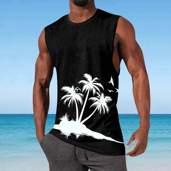 Fengqque Mens Tank Tops Beach Summer Sleeveless Shirts Graphic Palm Tree Casual Tees Muscle Gym Tank Tops Black-B XXL(XXL)