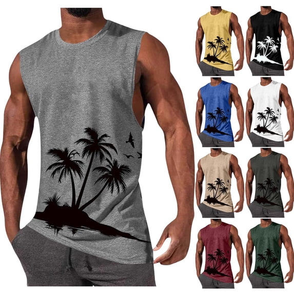 Fengqque Mens Tank Tops Beach Summer Sleeveless Shirts Graphic Palm Tree Casual Tees Muscle Gym Tank Tops Yellow-B XL(XL)