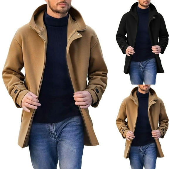 Fengqque Mens Trench Coat Long Sleeve Button Hooded Coat Casual Mid Long Slim Fit Overcoat with Pockets Brown XL(XL)