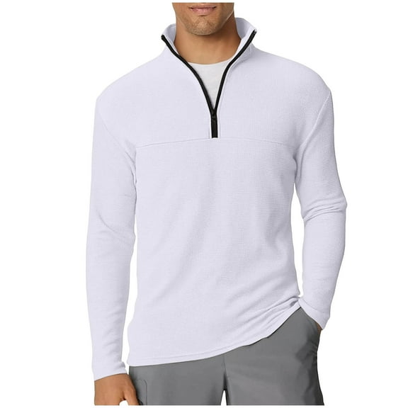 Fengqque Mens Waffle Solid Color Long-Sleeve Stand Up Collar Quarter-Zip Slim Fit Pullover Sweatshirt White XXL(XXL)