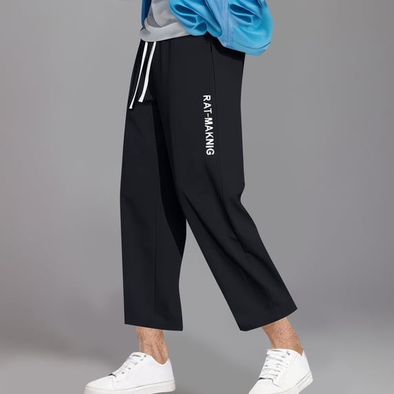 Fengqque Mens Wide-leg Pants Casual Lightweight Loose Fit Cropped Pants Beach Pants with Elastic Waistband Black 10(XL)