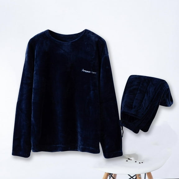 Fengqque Mens Winter Flannel Pant and Thick Casual Round Neck Long-Sleeve T-Shirt Pajama Set Navy 20-22(XXL)