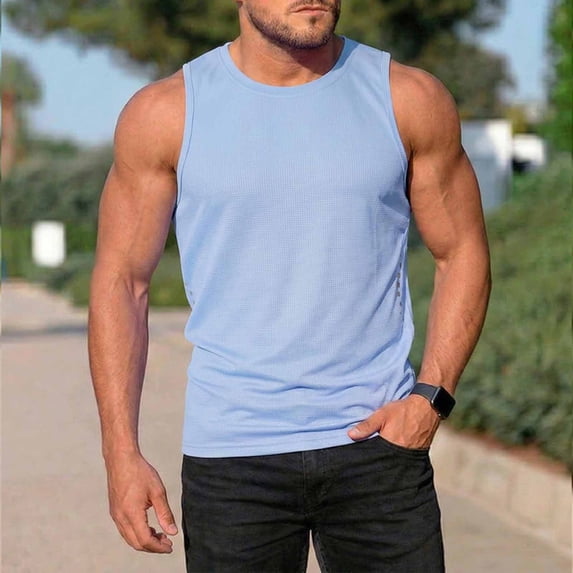 Fengqque Mens Workout Tank Top Sleeveless Gym Muscle Shirt Breathable Summer Running Athletic Tshirts Light Blue XXL(XXL)