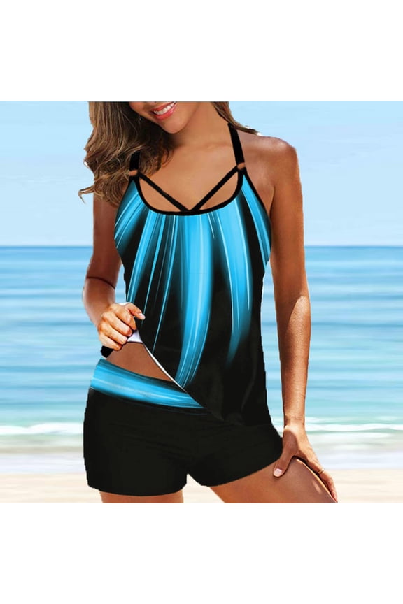 New Style Printed Swimsuit Beautiful Sexy Back Woven Rope Sling Blue Bikini Boxer Two-Piece Split Swimsuit