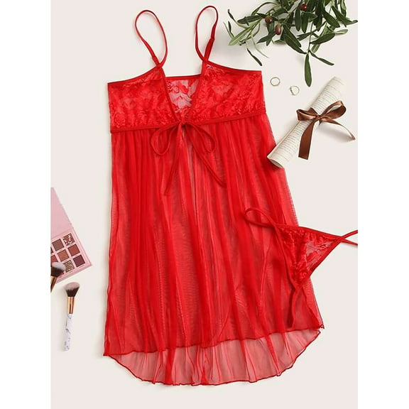 Fengqque New Women's Christmas Lace Gauze Gown Bikini Nightdress