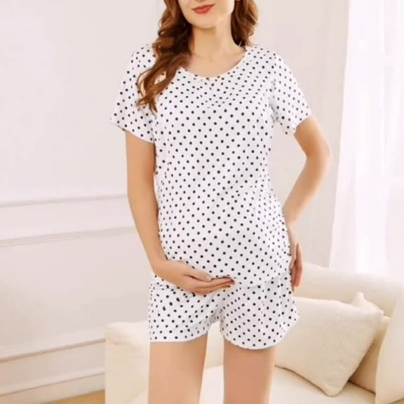 Fengqque Nursing Maternity Maternity Postpartum Comfort Dress Pajamas Maternity Round Neck Short Sleeved For Breastfeeding Sleepwear Set Suit
