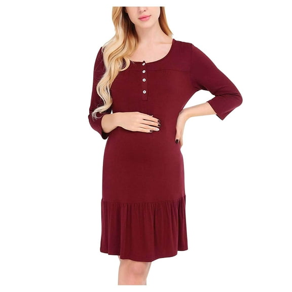Fengqque Nursing Maternity Maternity Postpartum Comfort Dress Pajamas Pregnant Casual 3/4 Sleeves Breast-feeding Button Dress