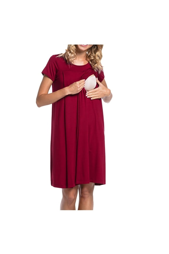 Nursing Maternity Maternity Postpartum Comfort Dress Pajamas Pregnant Delivery Clothes Short Sleeved Open Breastfeeding Clothes Pregnant Skirts Short Sleeved Round Neck Dresses