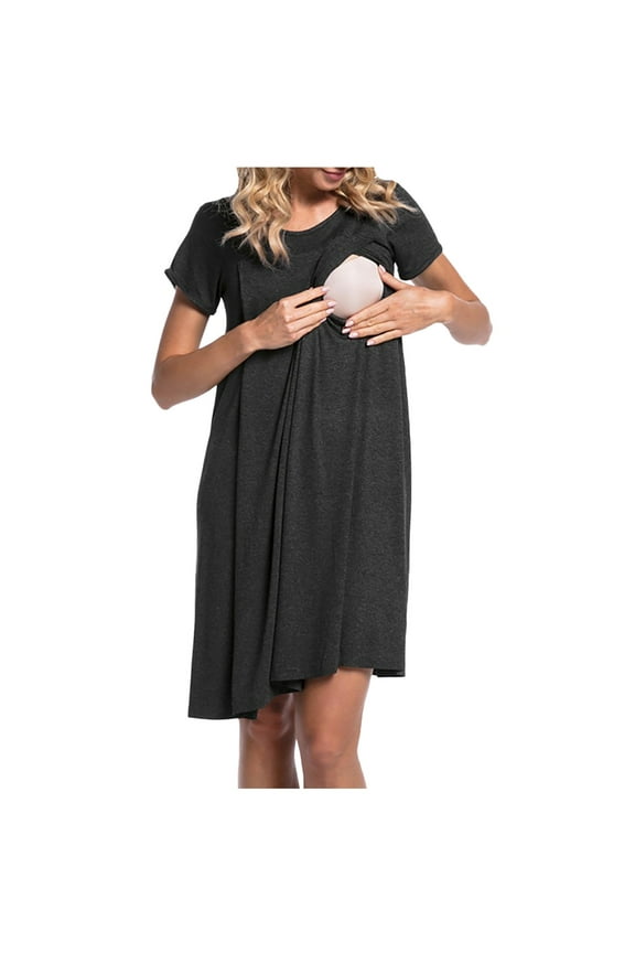 Nursing Maternity Maternity Postpartum Comfort Dress Pajamas Pregnant Delivery Clothes Short Sleeved Open Breastfeeding Clothes Pregnant Skirts Short Sleeved Round Neck Dresses