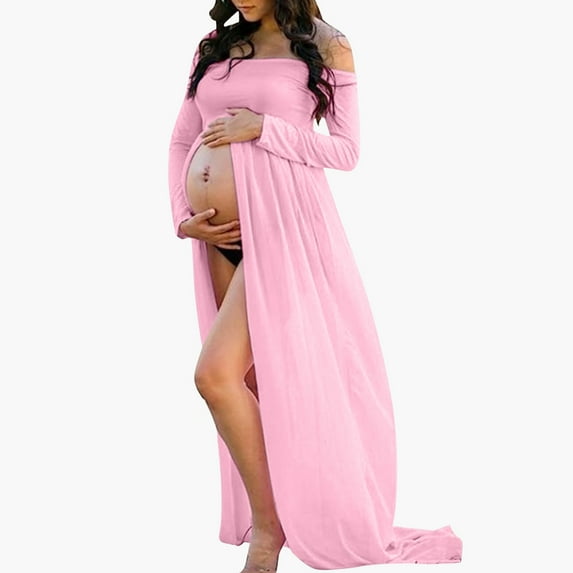 Fengqque Nursing Maternity Maternity Postpartum Comfort Dress Pajamas Solid Color Pregnant Dress Long Sleeve Off Shoulder Long Dress