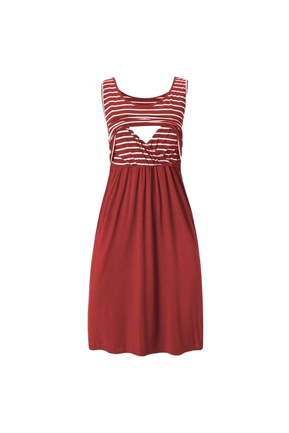 Nursing Maternity Maternity Postpartum Comfort Dress Pajamas Stripe Breast-Feeding Pregnant Patchwork Nursing Dress Sleeveless Round-Neck