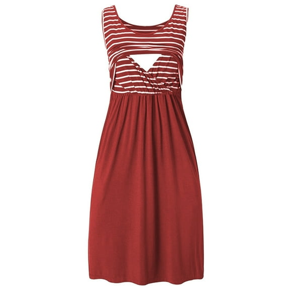 Fengqque Nursing Maternity Maternity Postpartum Comfort Dress Pajamas Stripe Breast-Feeding Pregnant Patchwork Nursing Dress Sleeveless Round-Neck
