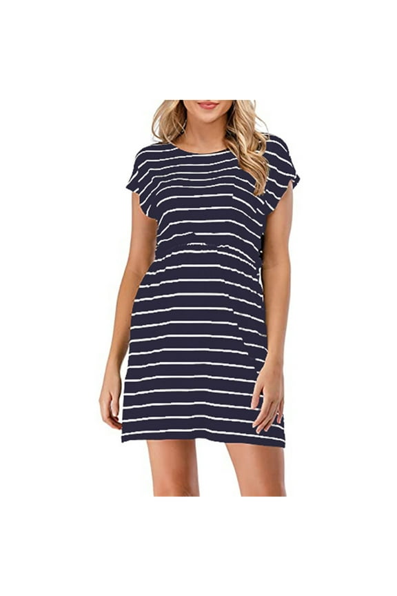 Nursing Maternity Maternity Postpartum Comfort Dress Pajamas Stripe Short Sleeve Round Neck Breast-Feeding Pregnant Nursing Dress