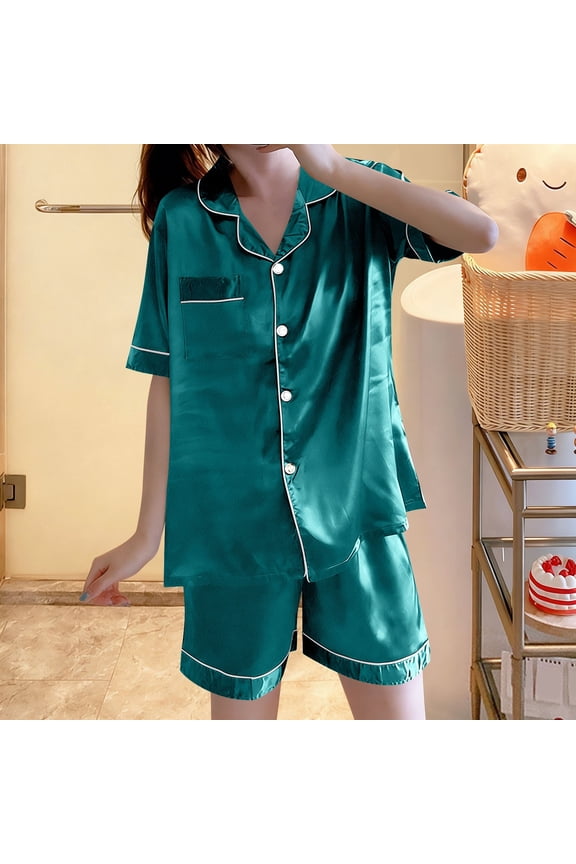 Pajamas for Women Set Button Up Sleepwear Plus Size 2 Piece Pjs Shorts Lounge Set Short Sleeve Nightwear Army Green XL(XL)