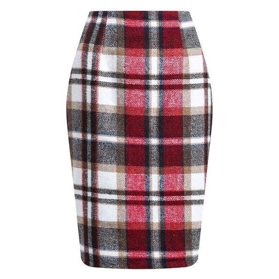 Fengqque Plaid Skirts for Women Knee Length Pencil Skirt Slim Fit A-line Women's Midi Skirt Red XL(XL)
