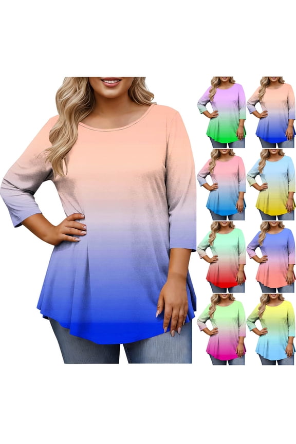 Plus Size 3/4 Sleeve Tops for Women V Neck T-Shirts Gradient Color Loose Fit Trendy Basic Tees Yellow XL(XL)