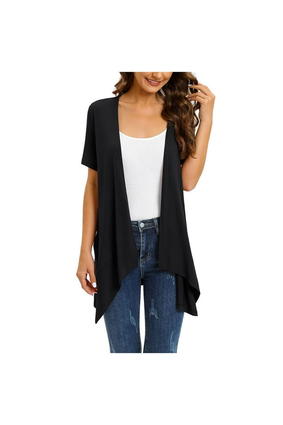 Plus Size Blouse for Women Elbow Length Loose Fit Blouse Tops Solid Short Sleeve Cardigans Drape Open Front Lightweight High Low Hem Tops With Pocket Black XXL