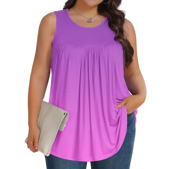Fengqque Plus Size Tops for Women Summer Round Neck Sleeveless Vest Pleated Basic Tee Tanks Purple-A XXXL(XXXL)