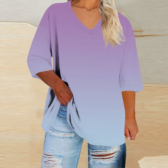 Fengqque Plus Size Tops for Women V Neck T Shirt 3/4 Length Sleeve Blouse Gradient Color Tee Loose Fit Purple-A XXXXL(XXXXL)