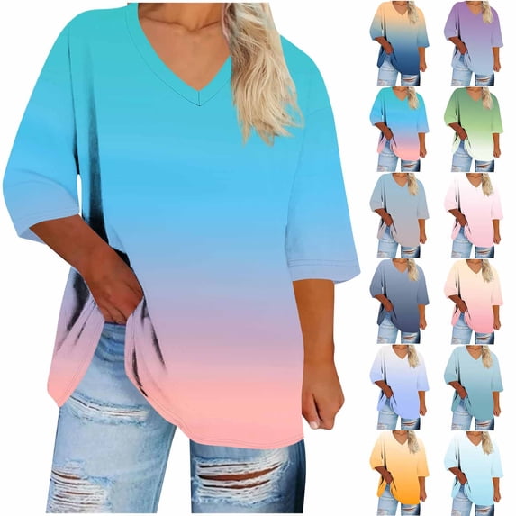 Fengqque Plus Size Tops for Women V Neck T Shirt 3/4 Length Sleeve Blouse Gradient Color Tee Loose Fit Yellow-A XL(XL)