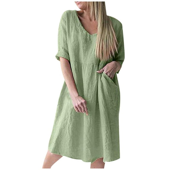 Fengqque Plus Size Women's Summer Dresses Loose Fit Flowing Pleats Bohemian Elegant Girls Doll Dresses Sunny Beach Party Casual Dress Pure Color Three-QuarterSleeve V-Neck Knee-Length Dress