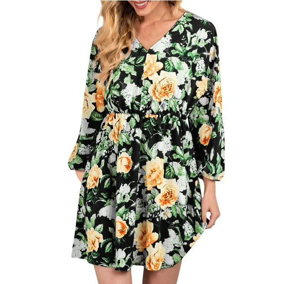 Fengqque Plus Size Women's Summer Dresses Loose Fit Flowing Pleats Bohemian Elegant Girls Doll Dresses Sunny Beach Party Casual Loose Floral Printing V-Neck Long Sleeve Spring Lightweight Dress