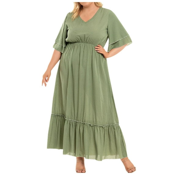 Fengqque Plus Size Women's Summer Dresses Loose Fit Flowing Pleats Bohemian Elegant Girls Doll Dresses Sunny Beach Party Casual Loose V-Neck Polka Dots Printing Short-sleeve Waist Dress