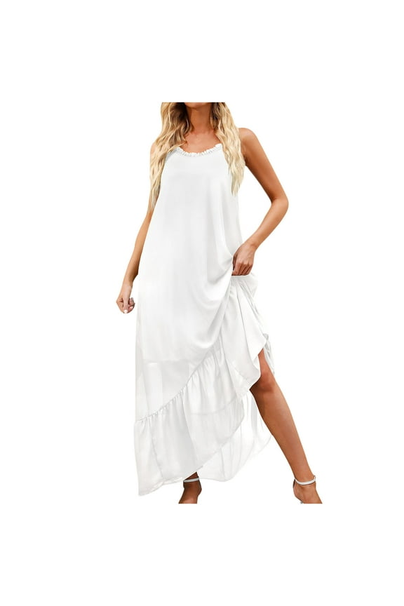 Plus Size Women's Summer Dresses Loose Fit Flowing Pleats Bohemian Elegant Girls Doll Dresses Sunny Beach Party High Low Ruffle Maxi Dress Spaghetti Strap Solid Flowy Beach Long Dress