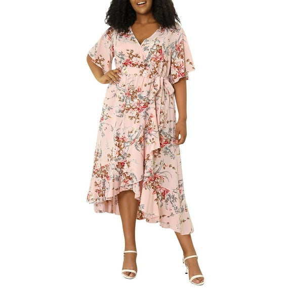 Fengqque Plus Size Women's Summer Dresses Loose Fit Flowing Pleats Bohemian Elegant Girls Doll Dresses Sunny Beach Party Large Casual Cuihua Flare Short Sleeve Waist V-Neck Mid Calf Dress