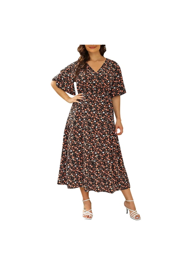 Plus Size Women's Summer Dresses Loose Fit Flowing Pleats Bohemian Elegant Girls Doll Dresses Sunny Beach Party Large Casual Cuihua Flare Short Sleeve Waist V-Neck Mid Calf Dress