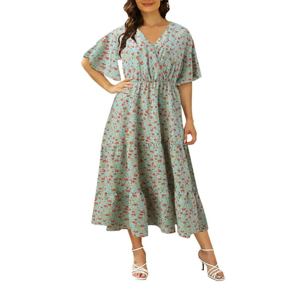 Fengqque Plus Size Women's Summer Dresses Loose Fit Flowing Pleats Bohemian Elegant Girls Doll Dresses Sunny Beach Party Large Casual Cuihua Flare Short Sleeve Waist V-Neck Mid Calf Dress