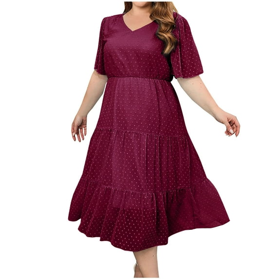 Fengqque Plus Size Women's Summer Dresses Loose Fit Flowing Pleats Bohemian Elegant Girls Doll Dresses Sunny Beach Party Loose Casual Round-Neck Solid Short Sleeve Mid-Length Sleeve Size Dress