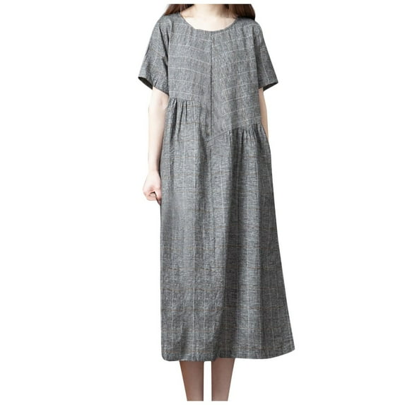Fengqque Plus Size Women's Summer Dresses Loose Fit Flowing Pleats Bohemian Elegant Girls Doll Dresses Sunny Beach Party Plaid Lady Elegant Loose Large Casual Dress